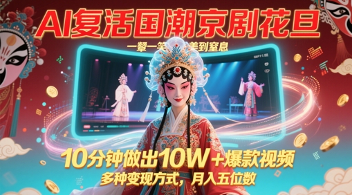 （5.20）AI复活国潮京剧花旦，一颦一笑美到窒息，10分钟做出10W+爆款视频，多种变现方式，月入五位数