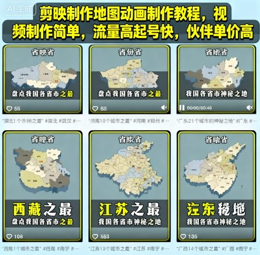 （9.27）剪映制作地图动画制作教程，视频制作简单，流量高起号快，伙伴单价高