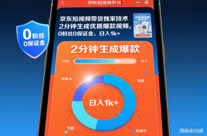 （12.9）京东短视频带货独家技术，2分钟生成一条优质爆款视频，0粉丝0保证金，日入1k+