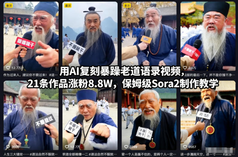 （12.13）用AI复刻暴躁老道语录视频，21条作品涨粉8.8W，保姆级Sora2制作教学