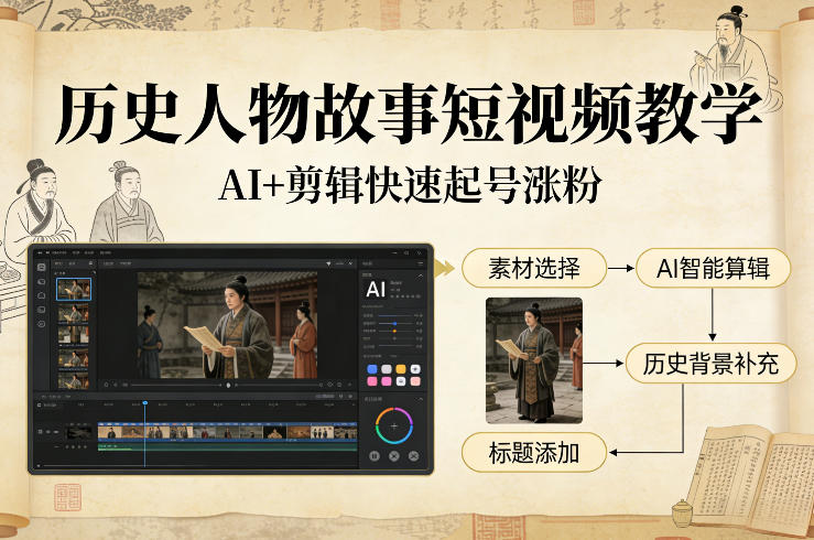 （26.2.8）历史人物故事短视频教学，AI+剪辑制作历史人物题材短视频，快速起号涨粉